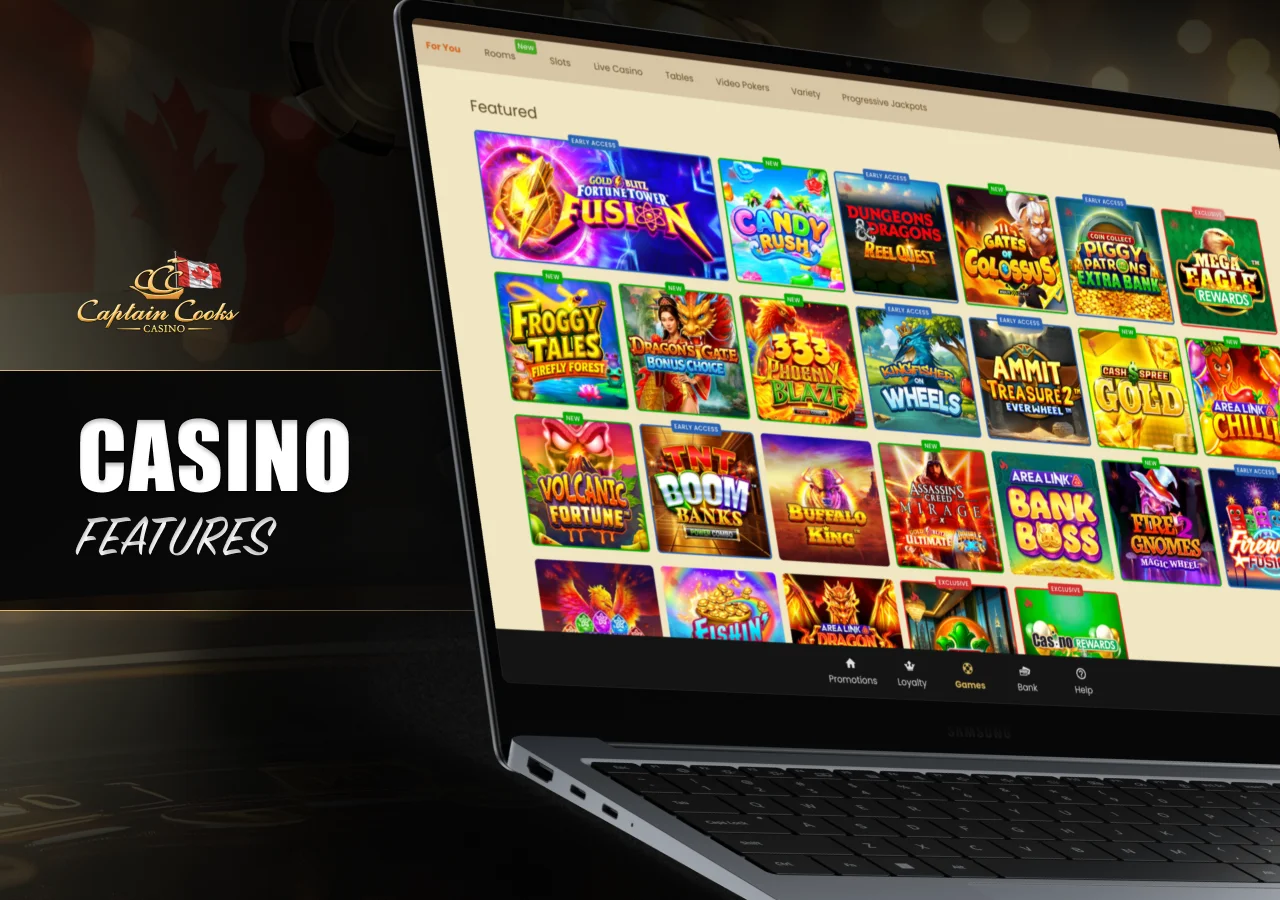 Overview of Captain Cooks with casino features, game categories and account options